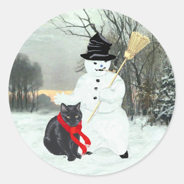 Black Cat and Snowman Classic Round Sticker (Front)
