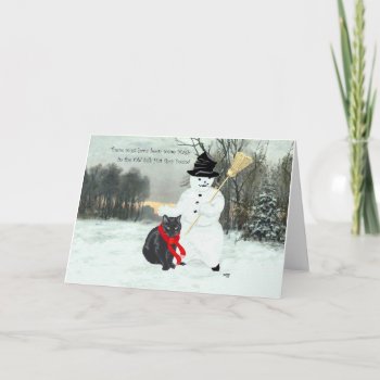 Black Cat And Snowman Holiday Card by MaggieRossCats at Zazzle