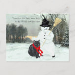 Black Cat And Snowman Postcard at Zazzle