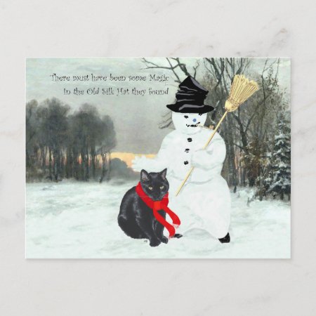 Black Cat And Snowman Postcard