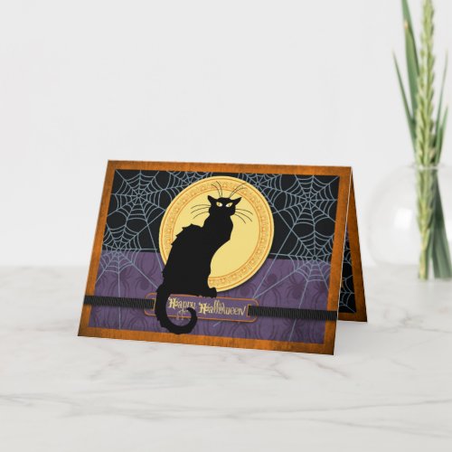 Black Cat and Spider Webs on Halloween Night Card