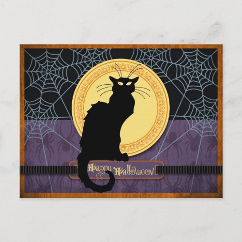 Black Cat and Spider Webs on Halloween Night Holiday Postcard