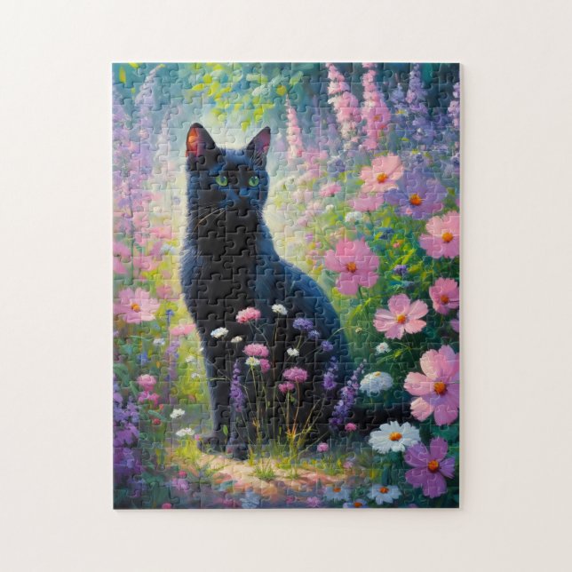 Black Cat and Spring Wildflowers Oil Painting Jigsaw Puzzle (Vertical)