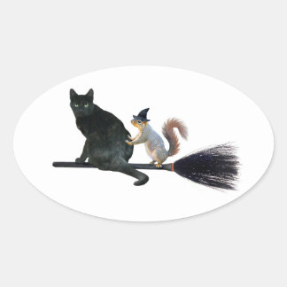 Black Cat and Squirrel on Broom Stickers