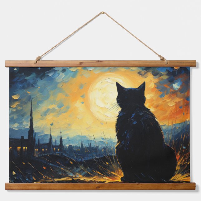 Black Cat and Starry Night Hanging Tapestry (Front)