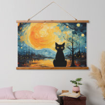 Black Cat and Starry NighWood Topped Wall Tapestry