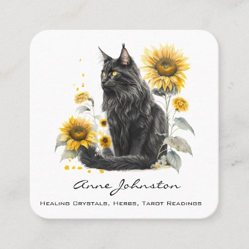 Black Cat and Sunflowers Square Business Card