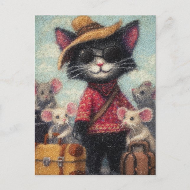 Black Cat and the Mice on Vacation  Postcard (Front)