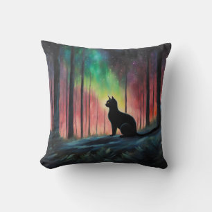 Black Cat and the Northern Lights Throw Pillow