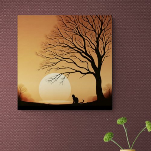 Black Cat and Tree Silhouette in the Sun Set  Canv Canvas Print