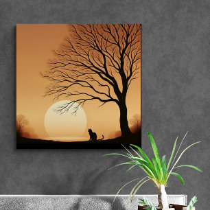 Black Cat and Tree Silhouette in the Sun Set  Canvas Print