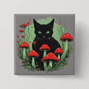 Black Cat and Wild Red Forest Mushrooms  Button