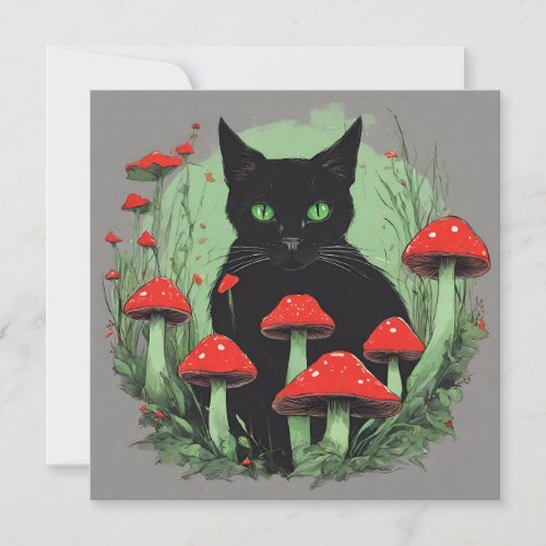 Black Cat and Wild Red Forest Mushrooms  Card