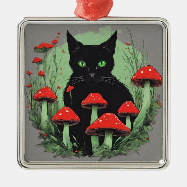 Black Cat and Wild Red Forest Mushrooms  Metal Ornament (Front)
