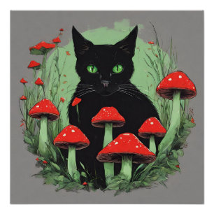 Black Cat and Wild Red Forest Mushrooms Poster