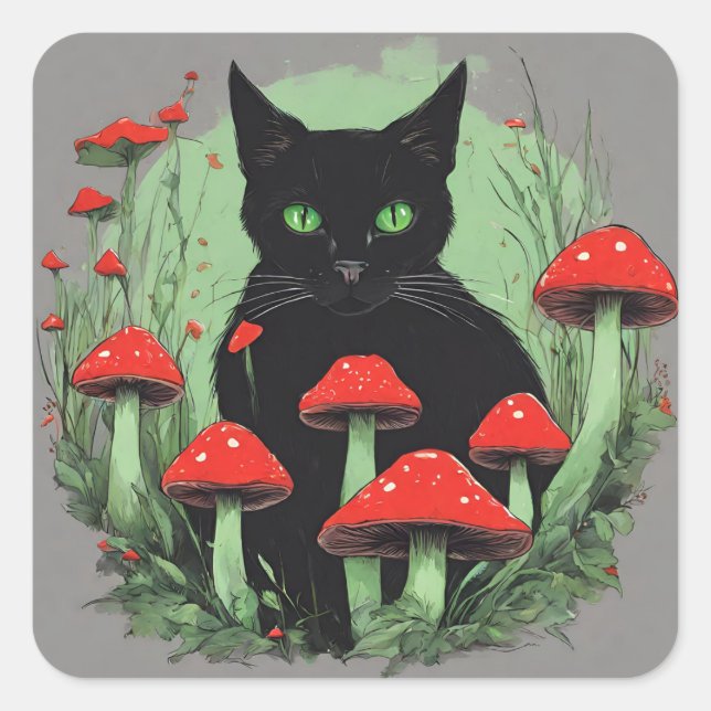 Black Cat and Wild Red Forest Mushrooms  Square Sticker (Front)