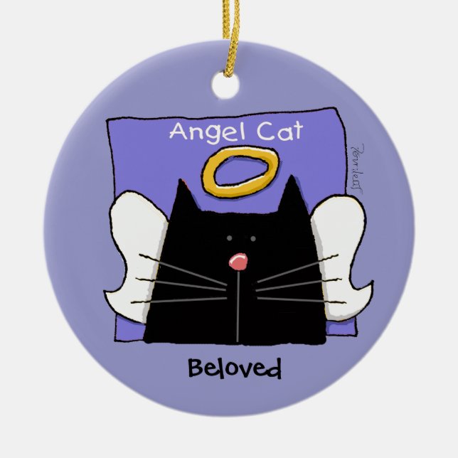 Black Cat Angel Personalize Ceramic Ornament (Front)