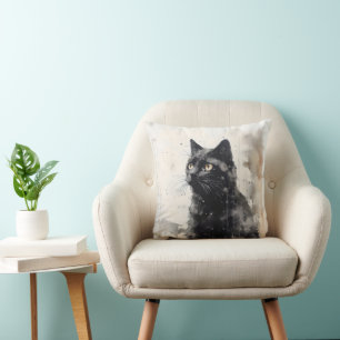 Black Cat Animal Ink Painting Throw Pillow