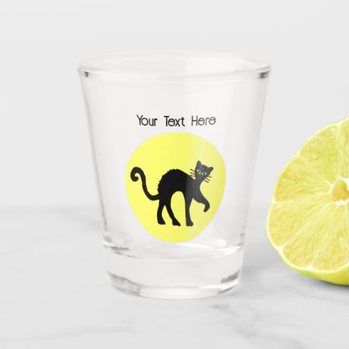 Black Cat ARched back Green eyes Yellow Moon Shot Glass