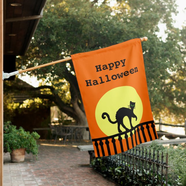 Black Cat Arched Back on Fence Full Moon Orange House Flag (In SItu)