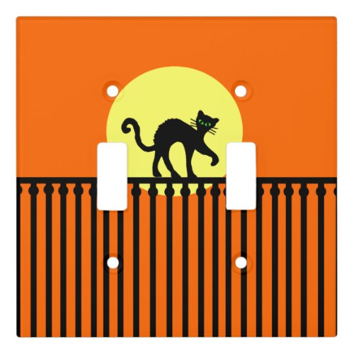 Black Cat Arched Back on Fence Full Moon Orange Light Switch Cover