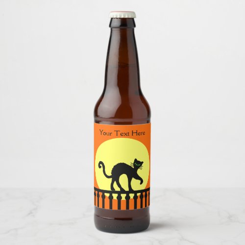 Black Cat Arched Back on Fence Moon Bright Orange Beer Bottle Label