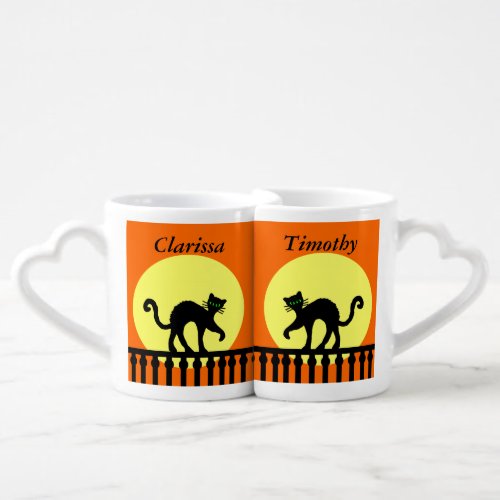 Black Cat Arched Back on Fence Moon Orange Coffee Mug Set