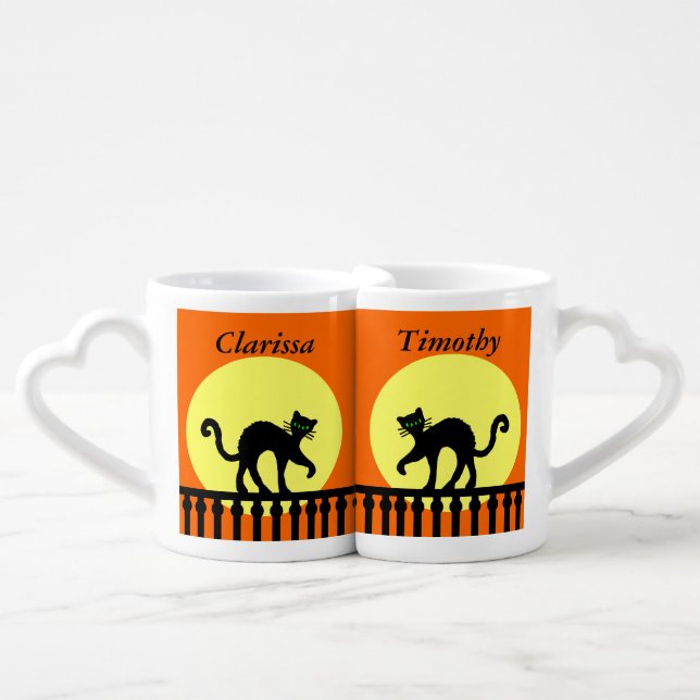 Black Cat Arched Back on Fence Moon Orange Coffee Mug Set (Front Nesting)