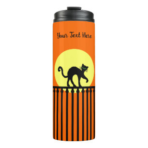 Black Cat Arched Back on Fence Moon Orange Thermal Tumbler