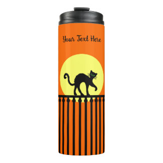 Black Cat Arched Back on Fence Moon Orange Thermal Tumbler