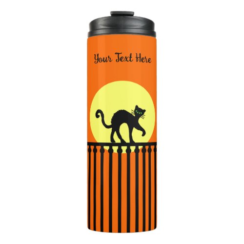 Black Cat Arched Back on Fence Moon Orange Thermal Tumbler