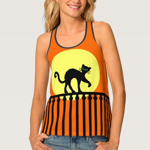 Black Cat Arched Back on Fence Yellow Moon Orange Tank Top