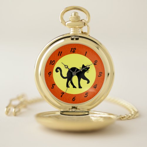 Black Cat Arched Back Yellow Moon Orange Pocket Watch