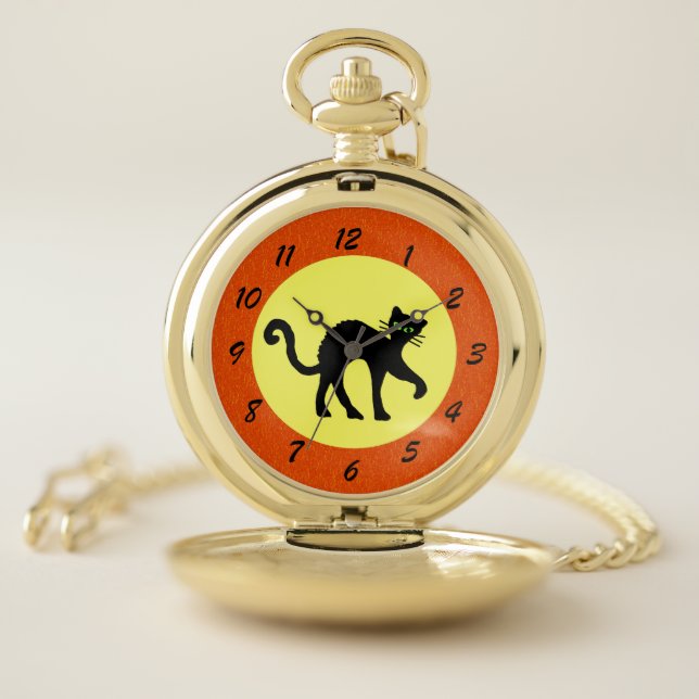 Black Cat Arched Back Yellow Moon Orange Pocket Watch (Inside)