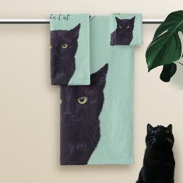 Black Cat Art Personalized Pet Name Bath Towel Set