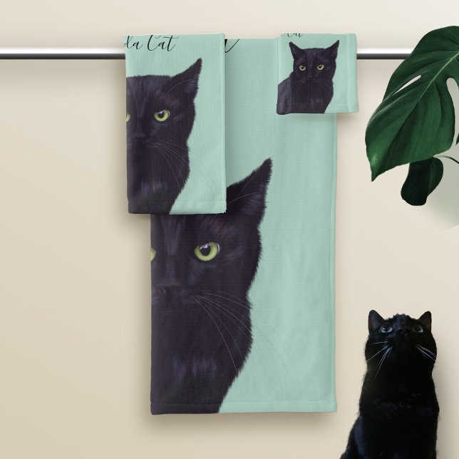 Black Cat Art Personalized Pet Name Bath Towel Set (Creator Uploaded)