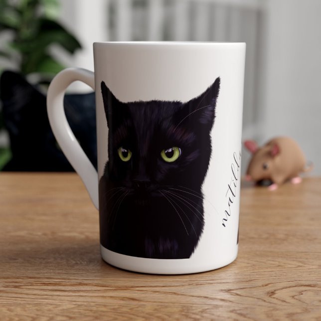 Black Cat Art Personalized Pet Name Bone China Mug (A black cat slim bone china coffee mug with space for your name (or your black cat's))