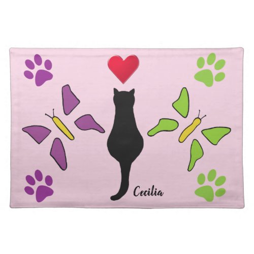 Black Cat Art with Butterflies  Red Heart pink Cloth Placemat