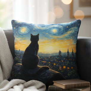 Black Cat Artistic & Celestial Town Decorative Throw Pillow