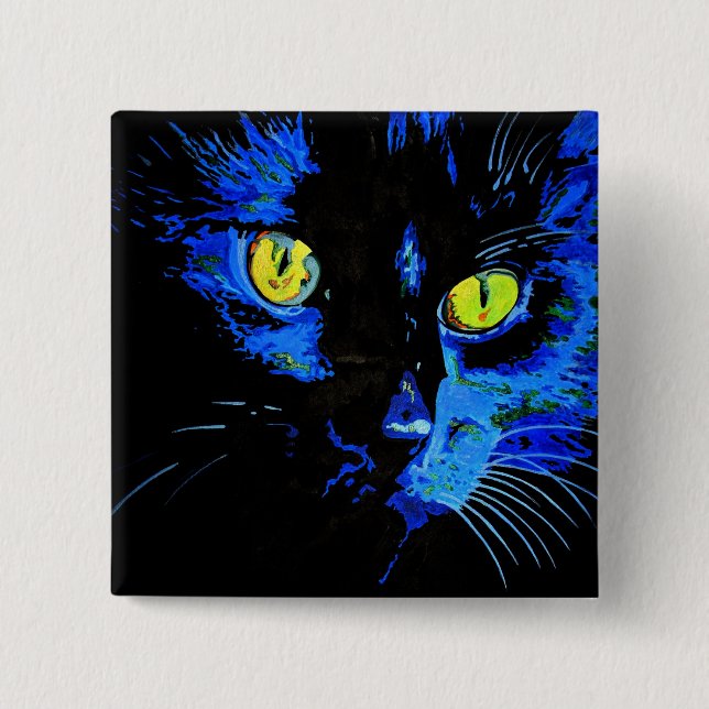 Black Cat Artistic Portrait With Striking Yellow E Pinback Button (Front)