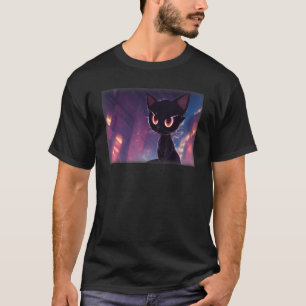 Black Cat Artwork Background Wide Eyed Expressive T-Shirt