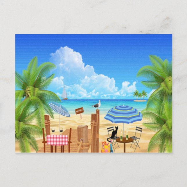 Black Cat At The Beach Postcard (Front)