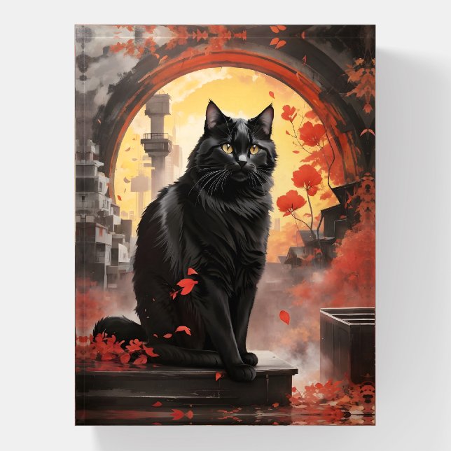 Black Cat Autumn Archway Fall Leaves & Golden Glow Paperweight (Vertical)