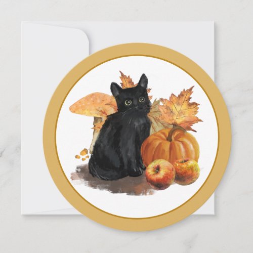 Black Cat Autumn Collage Circle Flat Card