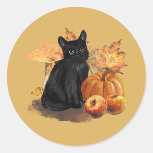 Black Cat Autumn Collage Round Stickers