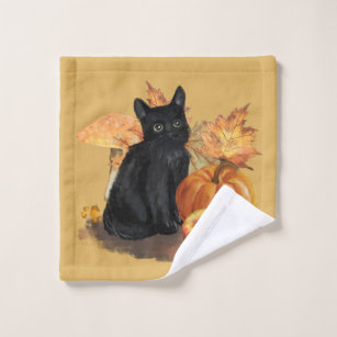 Black Cat Autumn Collage Wash Cloth
