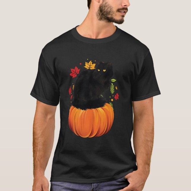 Black Cat Autumn Fall Season Pumpkin Thanksgiving  T-Shirt (Front)