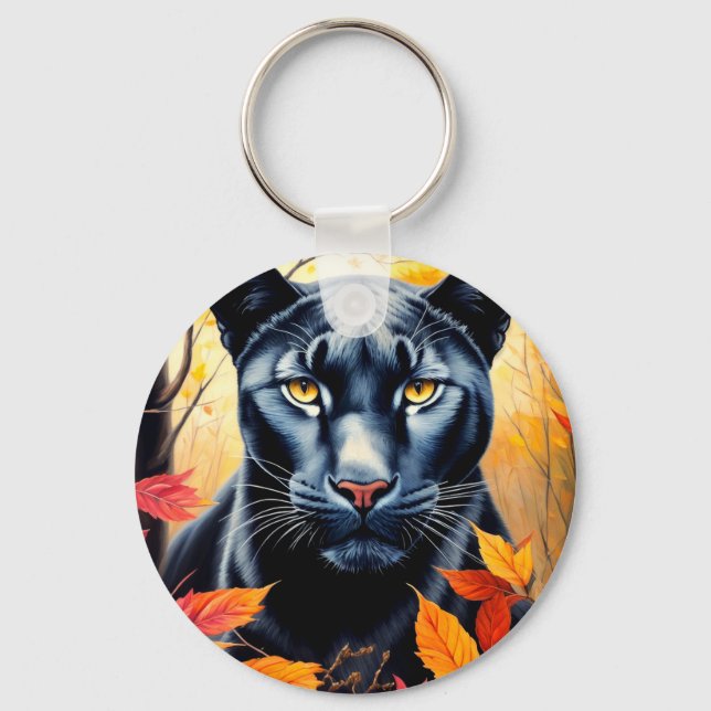 Black Cat Autumn Leaves Painting Keychain (Front)