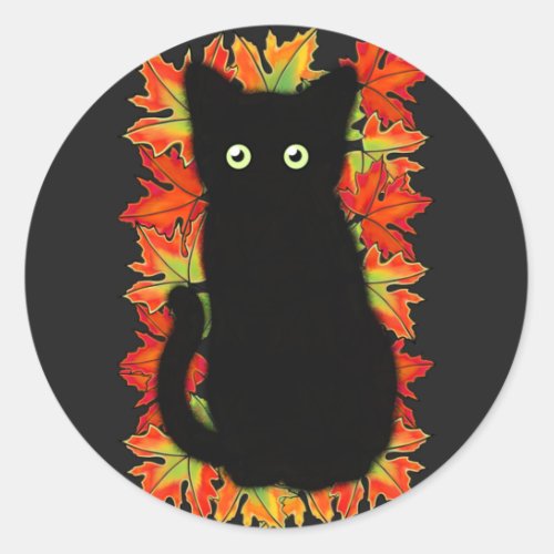 Black cat Autumn leaves pattern Halloween fun    Classic Round Sticker