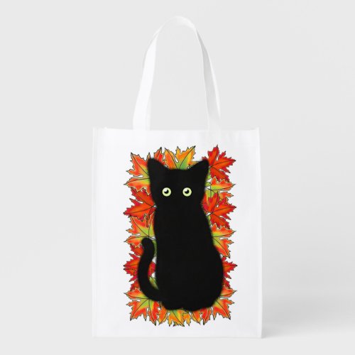 Black cat Autumn leaves pattern Halloween fun    Grocery Bag